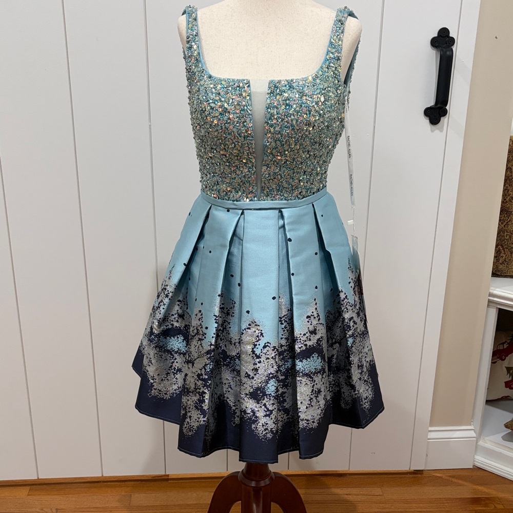 NWT. Rachel Allan Size 2 Beaded Aqua and Navy Fit-and-Flare Pleated Dress